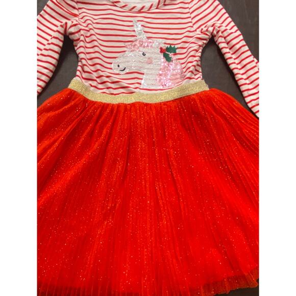 Girls Red Christmas Unicorn Tutu Dress Glitter Skirt Long Sleeve Striped Size 5 - Picture 1 of 6